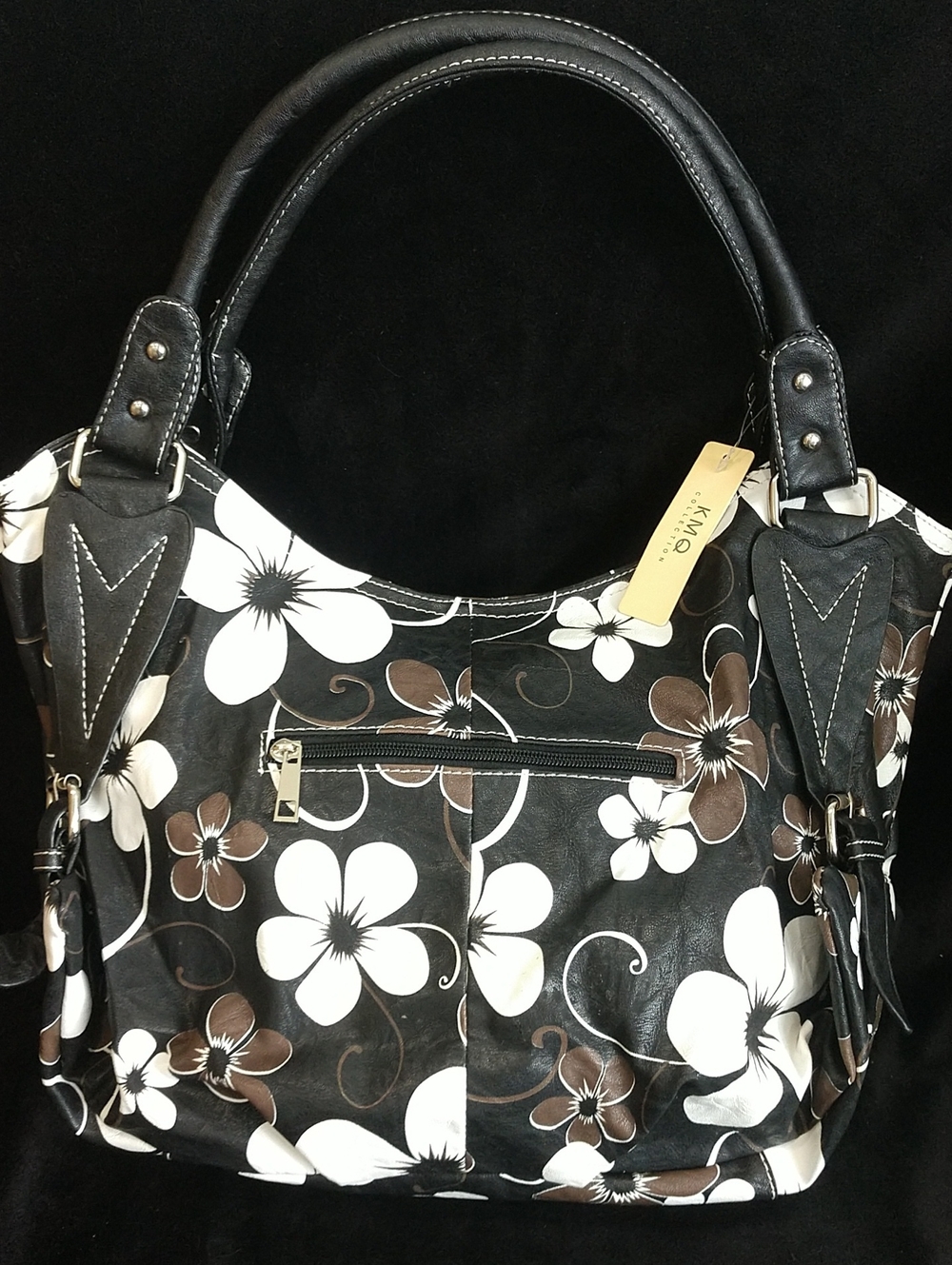 Floral Shoulder Tote Bag in Black, White & Brown